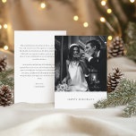 Cartes Pour Fêtes Annuelles Mariage photo minimaliste moderne de typographie n<br><div class="desc">Une carte de vacances élégante et moderne avec votre portrait noir et blanc préféré au-dessus d'un accueil de vacances serif classique. La disposition minimaliste permet à votre photo de briller, tandis que le message personnalisable au dos est parfait pour partager une note personnelle ou une mise à jour de fin...</div>