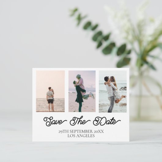 Cartes Pour Fêtes Annuelles Mariage Photo Simple Blanc Enregistrer La Date (Debout devant)