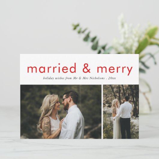 Cartes Pour Fêtes Annuelles Marié & Joyeux Moderne Élégant Script Rouge Photo (Debout devant)