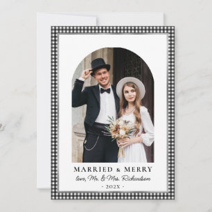 Cartes Pour Fêtes Annuelles Mariés et Gai Photo d'arche à carreaux noir et bla