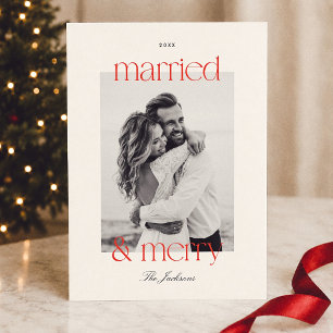 Cartes Pour Fêtes Annuelles Mariés & Joyeux Rayure Rouge Photo Noël Prépa