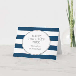 Cartes Pour Fêtes Annuelles Marine Bleu Stripes Argent Joyeux Vacances Personn