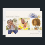 Cartes Pour Fêtes Annuelles Marine Blue & Gold Beach Tropical Greenery 3-Photo<br><div class="desc">La carte de vacances tropicale marine bleu et or de Nautical Boutique Co. est dotée d'une aquarelle violet / bleu et or vert tropical et est agrémentée d'un joli coquillage d'aquarelle et d'une étoile de mer couleur ivoire assortie. L'accueil de vacances, votre nom de famille et l'année (à l'envers) sont...</div>
