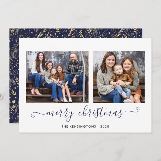 Cartes Pour Fêtes Annuelles Marine Blue Gold Simple Script Joyeux Noël Photo (Devant / Derrière)