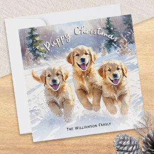 Cartes Pour Fêtes Annuelles Marionnettes Golden Retriever dans neige chiot Noë