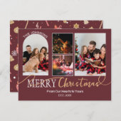 Cartes Pour Fêtes Annuelles Maroon Rouge or Script Noël Collage moderne (Devant / Derrière)