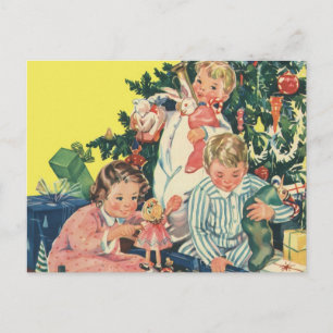 Cartes Pour Fêtes Annuelles Matin de Noël vintage, enfants ouvrant des cadeaux