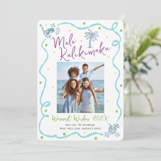 Cartes Pour Fêtes Annuelles Mele Kalikimaka 5 Photo Teal Hand Drawn Christmas (Debout devant)
