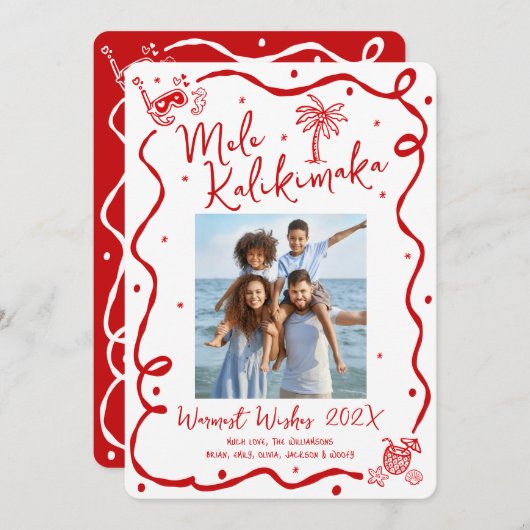 Cartes Pour Fêtes Annuelles Mele Kalikimaka Red 5 Photo Hand Drawn Christmas (Devant / Derrière)
