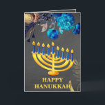 Cartes Pour Fêtes Annuelles Menorah moderne bleu et or Happy Hanoukka<br><div class="desc">Menorah bleu & or moderne Happy Hanoukka Holiday Card dispose de chalkboard arrière - plan bleu & or roses & chandelles Hanoukka.L'intérieur de la carte a un modèle de message personnel.S'il vous plaît cliquer sur le bouton personnalisé pour l'customiser avec votre propre texte.</div>