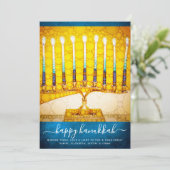 Cartes Pour Fêtes Annuelles Menorah or jaune élégant Hanoukka sur Turquoise pl (Debout devant)