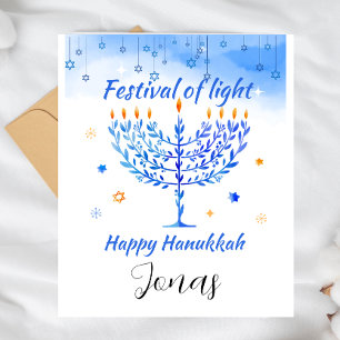Cartes Pour Fêtes Annuelles Menorah personnalisée bleue pour la Fête de la Lum