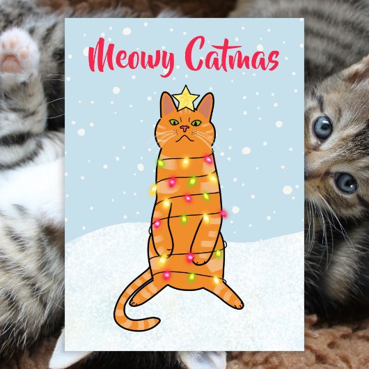 Cartes Pour Fêtes Annuelles Meowa catmas pun drôle chat lumières de Noël plat