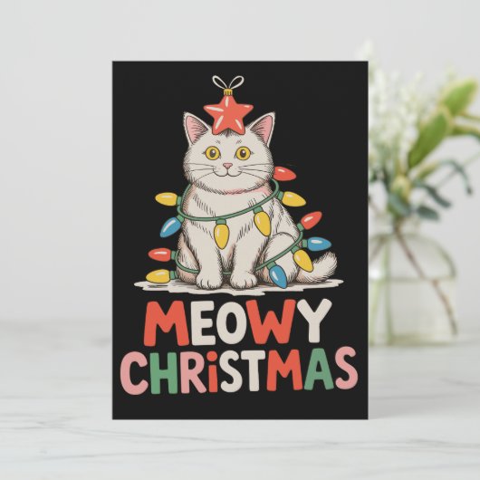 Cartes Pour Fêtes Annuelles MeowChristmas Funny Cute Chat Noël Lumières Fête (Debout devant)