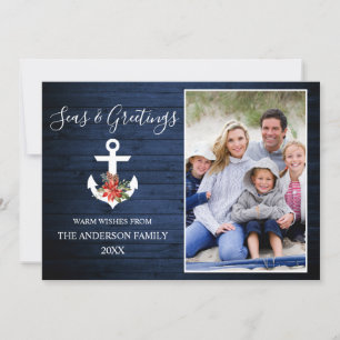 Cartes Pour Fêtes Annuelles Mer et salutations Bleu Bois Poinsettia Ancre