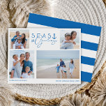 Cartes Pour Fêtes Annuelles Mer et salutations Bleu Nautique Multiphoto<br><div class="desc">Capturez une décontractée nautique cool et une ambiance côtière de ce fleur de mer de vacances avec notre collection de vacances de Noël inspirée de la mer côtière. Design dispose d'un plan de quatre photos pour afficher vos belles photos de famille et de vacances. "Mer et Salutations" est conçu dans...</div>