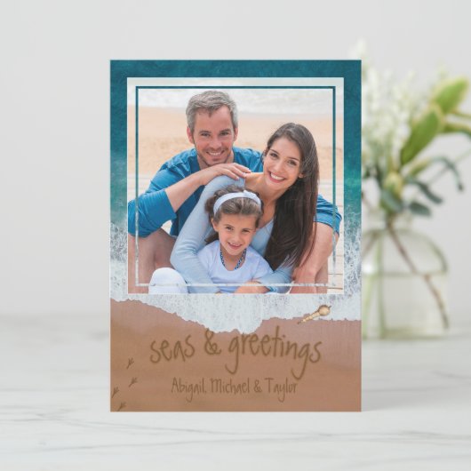 Cartes Pour Fêtes Annuelles Mer et salutations Plage Sable écriture côte (Debout devant)