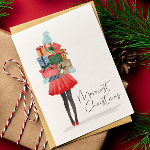 Cartes Pour Fêtes Annuelles Merriest Noël mignonne Watercolor Girl présente