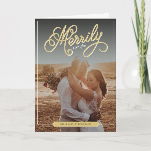 Cartes Pour Fêtes Annuelles Merrily Jamais après or Curly Script Mariage photo (Devant)
