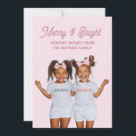 Cartes Pour Fêtes Annuelles Merry And Bright Photo<br><div class="desc">Merry & Bright this Christmas, with a charming twins holiday greeting featuring girls in matching merry and bright tees and wearing big smiles. The phrase Sets a festive tone, while the editable family name beneath adds a personal touch. Customize with your own family photo. A fun holiday card perfect for...</div>