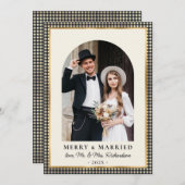 Cartes Pour Fêtes Annuelles Merry and Married Arch Photo Black Gold Plaid (Devant / Derrière)