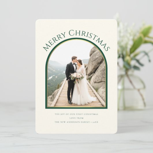 Cartes Pour Fêtes Annuelles Merry And Married Newlywed Arch Photo Christmas (Debout devant)