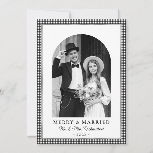 Cartes Pour Fêtes Annuelles Merry and Married Newlywed Photo Black White Plaid (Devant)