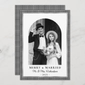 Cartes Pour Fêtes Annuelles Merry and Married Newlywed Photo Black White Plaid (Devant / Derrière)