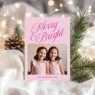 Cartes Pour Fêtes Annuelles Merry & Bright Calligraphie Photo Rose