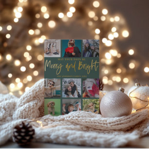 Cartes Pour Fêtes Annuelles Merry & Bright Green & Faux Gold Christmas