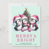 Cartes Pour Fêtes Annuelles Merry & Bright Mint et Pingouin de Noël rose (Devant)