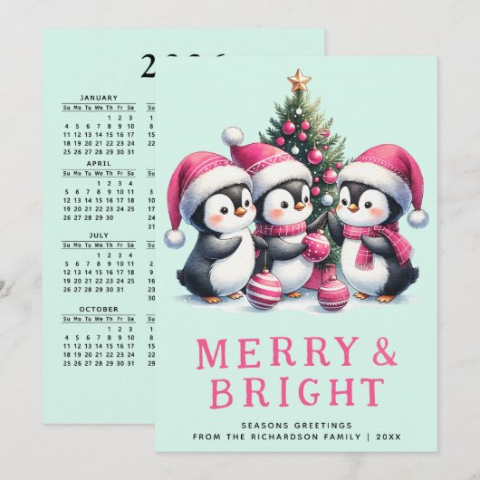 Cartes Pour Fêtes Annuelles Merry & Bright Mint et Pingouin de Noël rose (Devant / Derrière)
