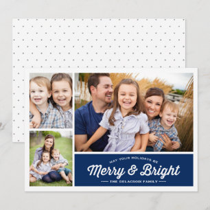 Cartes Pour Fêtes Annuelles Merry & Bright Navy 3 Photo Holiday Salutation