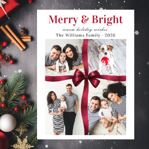 Cartes Pour Fêtes Annuelles Merry & Bright Nœud Rouge 4 Collage de Photos