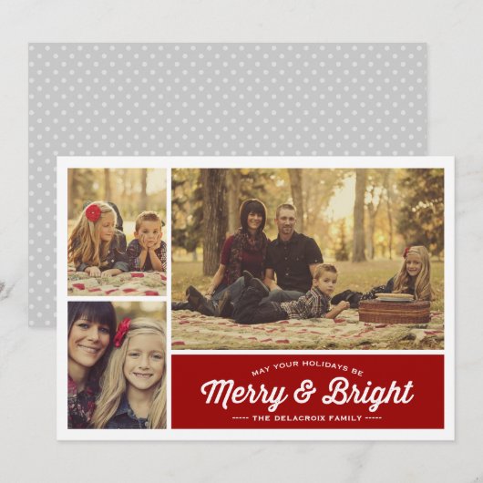 Cartes Pour Fêtes Annuelles Merry & Bright Ruby 3 Photo Holiday Salutation (Devant / Derrière)