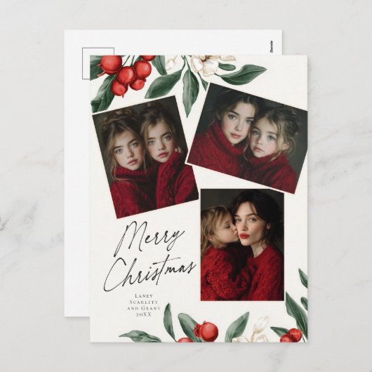 Cartes Pour Fêtes Annuelles Merry Christmas Botanical Holiday 3 photo (Devant / Derrière)