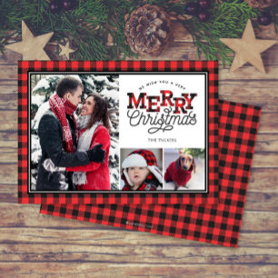 Cartes Pour Fêtes Annuelles MERRY Christmas Buffalo Plaid Bordure 3-Photo