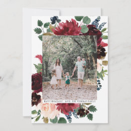 Cartes Pour Fêtes Annuelles Merry Christmas Burgundy Floral Photo Newsletter