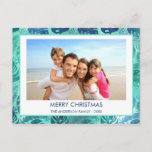 CARTES POUR FÊTES ANNUELLES MERRY CHRISTMAS HAWAIIAN TROPICAL BEACH PHOTO<br><div class="desc">Blue and Green Turquoise incandescent Faux Foil Merry Christmas Hawaiian Tropical Palm Leaf Family Photo Christmas Holiday Card. The picture and familiy name can be replaced on this simple beach or coastal vacation Christmas Family Photo Card.</div>