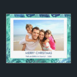 CARTES POUR FÊTES ANNUELLES MERRY CHRISTMAS HAWAIIAN TROPICAL BEACH PHOTO<br><div class="desc">Blue and Green Turquoise incandescent Faux Foil Merry Christmas Hawaiian Tropical Palm Leaf Family Photo Christmas Holiday Card. The picture and familiy name can be replaced on this simple beach or coastal vacation Christmas Family Photo Card.</div>