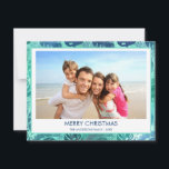 CARTES POUR FÊTES ANNUELLES MERRY CHRISTMAS HAWAIIAN TROPICAL BEACH PHOTO<br><div class="desc">Blue and Green Turquoise incandescent Faux Foil Merry Christmas Hawaiian Tropical Palm Leaf Family Photo Christmas Holiday Card. The picture and familiy name can be replaced on this simple beach or coastal vacation Christmas Family Photo Card.</div>