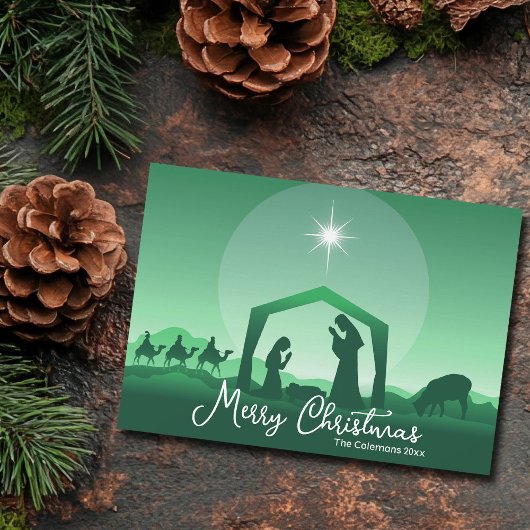 Cartes Pour Fêtes Annuelles Merry Christmas Nativity Scene Green Religious
