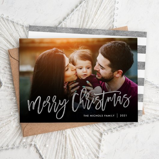 Cartes Pour Fêtes Annuelles Merry Christmas Silver Script Photo Overlay