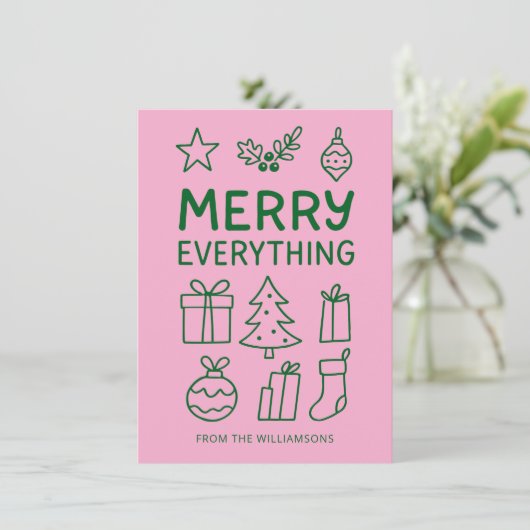 Cartes Pour Fêtes Annuelles Merry Everything Pink Green Doodle croquis Ajouter (Debout devant)