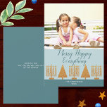 Cartes Pour Fêtes Annuelles Merry Gold Blue Stylish Ajouter Votre Photo<br><div class="desc">Ajoutez votre photo à ces cartes de fin de année élégants en bleu pastel, bleu foncé et une touche de blanc avec une Menorah interconfessionnelle moderne et un design d'arbre. Le modèle photo facilite le téléchargement de votre photo en haut de ces cartes, puis ajoute votre nom dans une simple...</div>