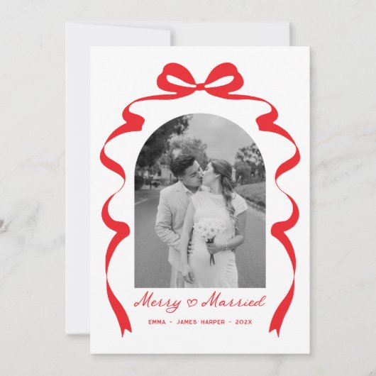Cartes Pour Fêtes Annuelles Merry & Married Bow Photo Noël Nouveaux mariés (Devant)