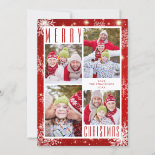 Cartes Pour Fêtes Annuelles MERRY NOËL 4 Photo Collage Snowflakes Rouge