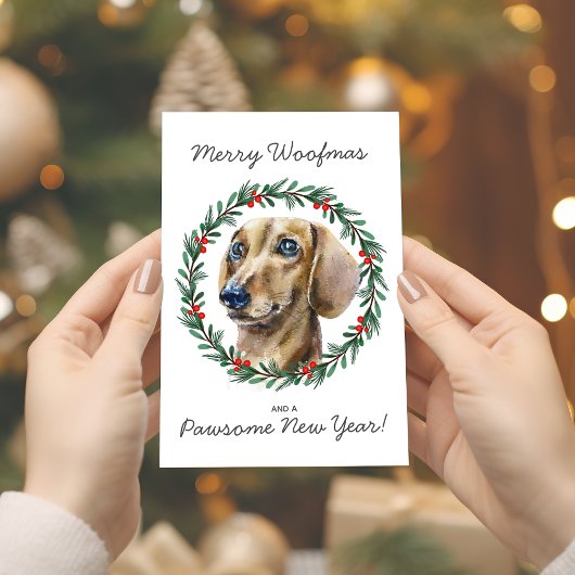 Cartes Pour Fêtes Annuelles Merry Woofmas Aquarelle Dachshund Wreath