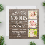 Cartes Pour Fêtes Annuelles Merveilles de Son Amour Rustique Photo Collage<br><div class="desc">Style rustique vacances multi-carte photo dispose d'un design de typographie "Merveilles de son amour" décoratif blanc avec accents de design de défilement et texte personnalisé sur un arrière - plan en bois patiné gris / marron. Personnalisez avec vos trois (3) photos préférées. Un motif floral feuillu sur la texture du...</div>