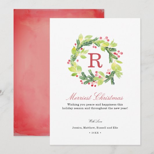 Cartes Pour Fêtes Annuelles Merveilleuse couronne de Noël Monogramme (Devant / Derrière)